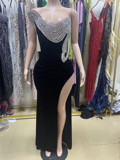 Rhinestone Design Split Shoulder Sleeveless Black Dress Be Up For Life