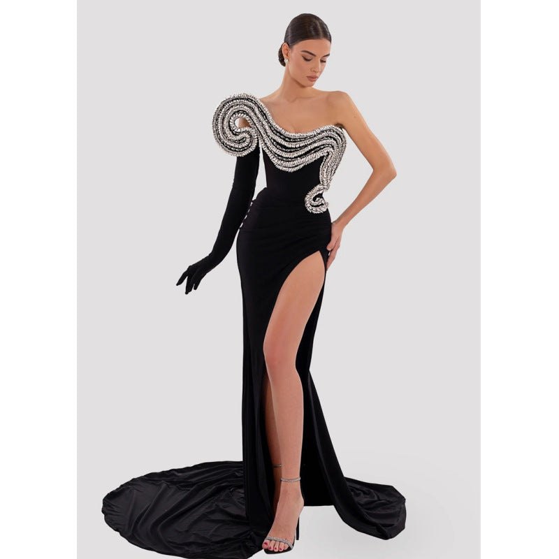 Rhinestone Design Split Shoulder Sleeveless Black Dress Be Up For Life