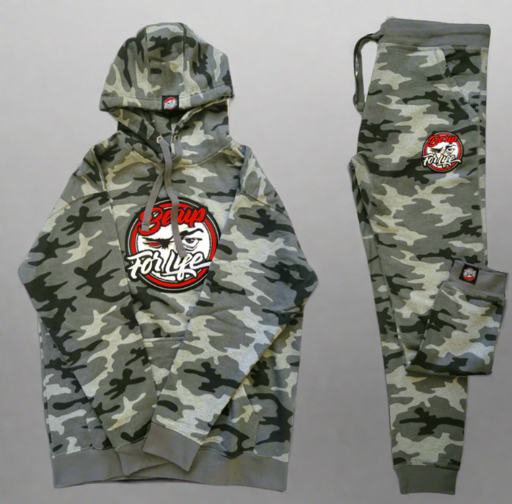Grey Camouflage Jogger set w/ Chenille Patches (Unisex) - BEUPFORLIFE.com