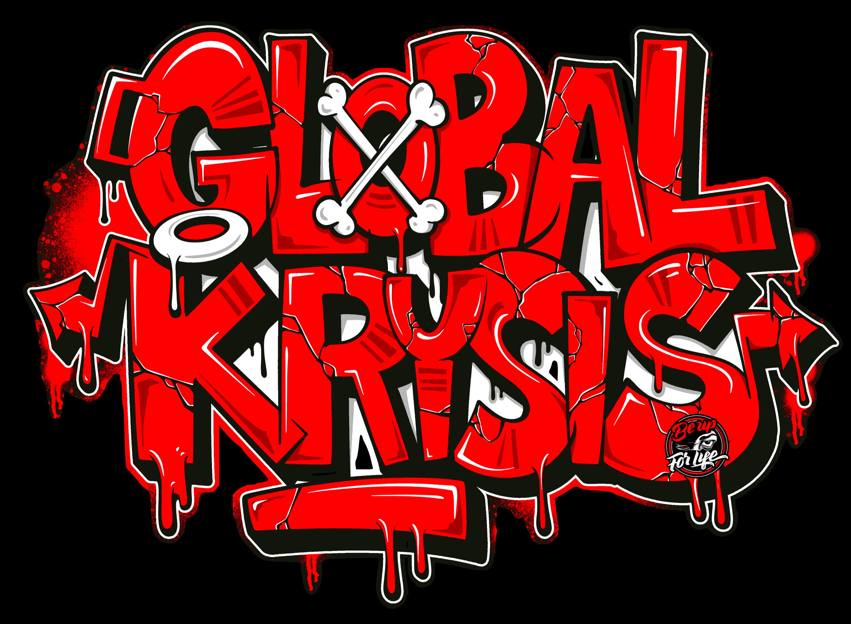 Bones & Halo Graffiti design - Red and white text 'GLOBAL KRYSIS' with a stylized design on a black background