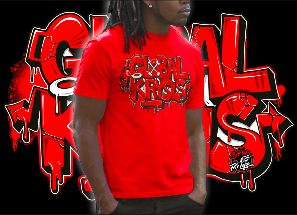 Person wearing a red t-shirt with 'Global Krysis' design, standing against a black background with red and white text.