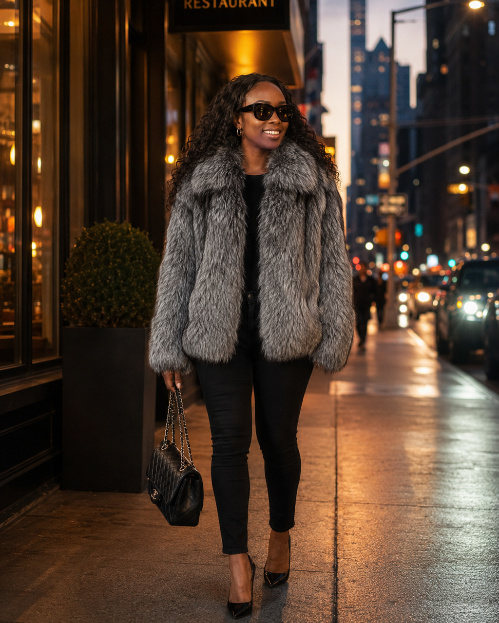 Person wearing a shaggy light gray faux fur jacket on a city street at dusk.