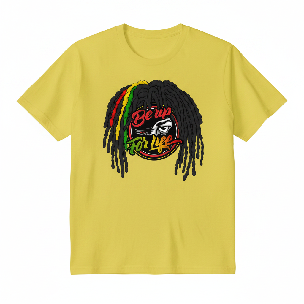 A yellow short-sleeve crewneck t-shirt featuring a graphic of black dreadlocks with red, yellow, and green streaks, and the text 'Be up For life' in stylized lettering.