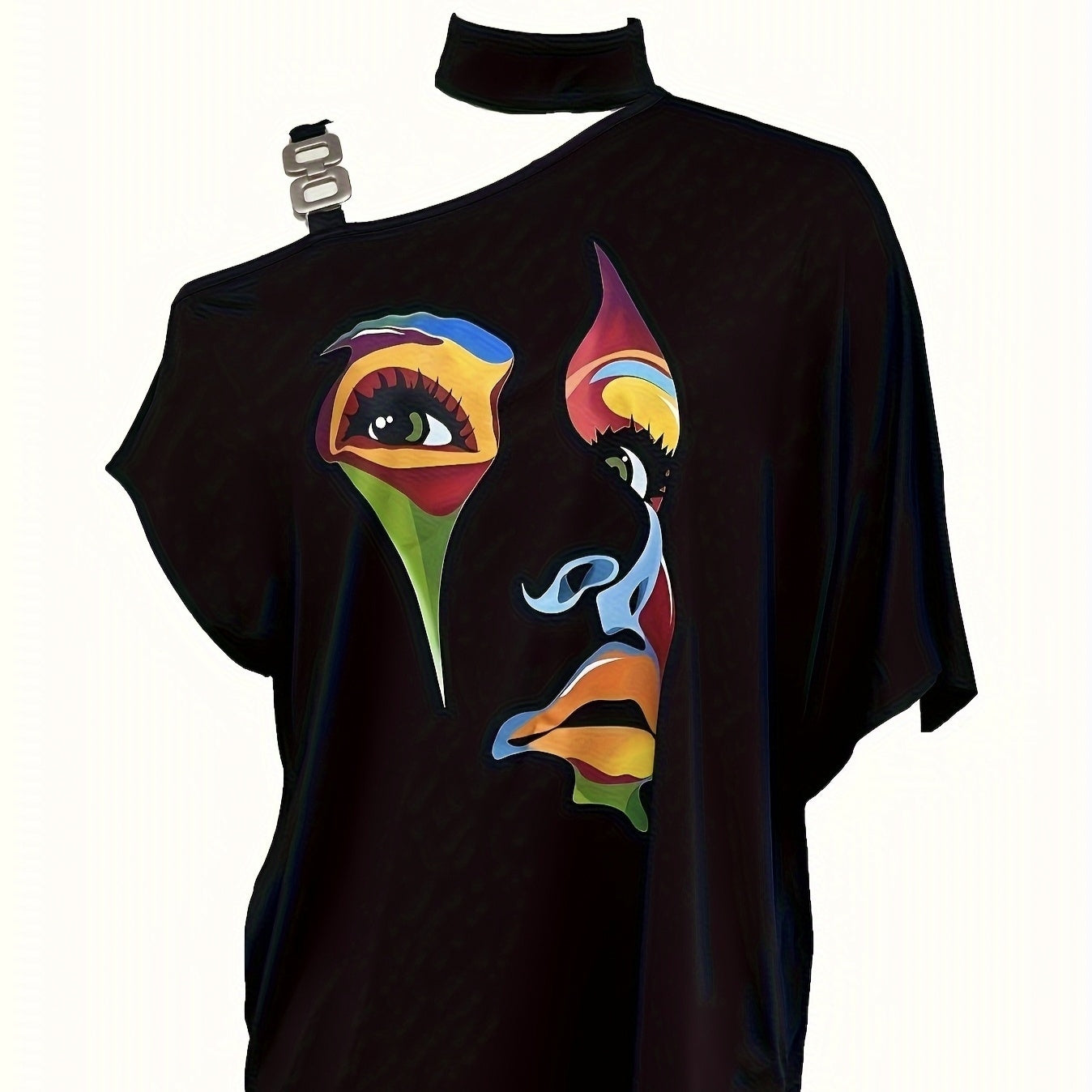 Slanted Shoulder Collar Printed T-shirt Top BEUPFORLIFE.com