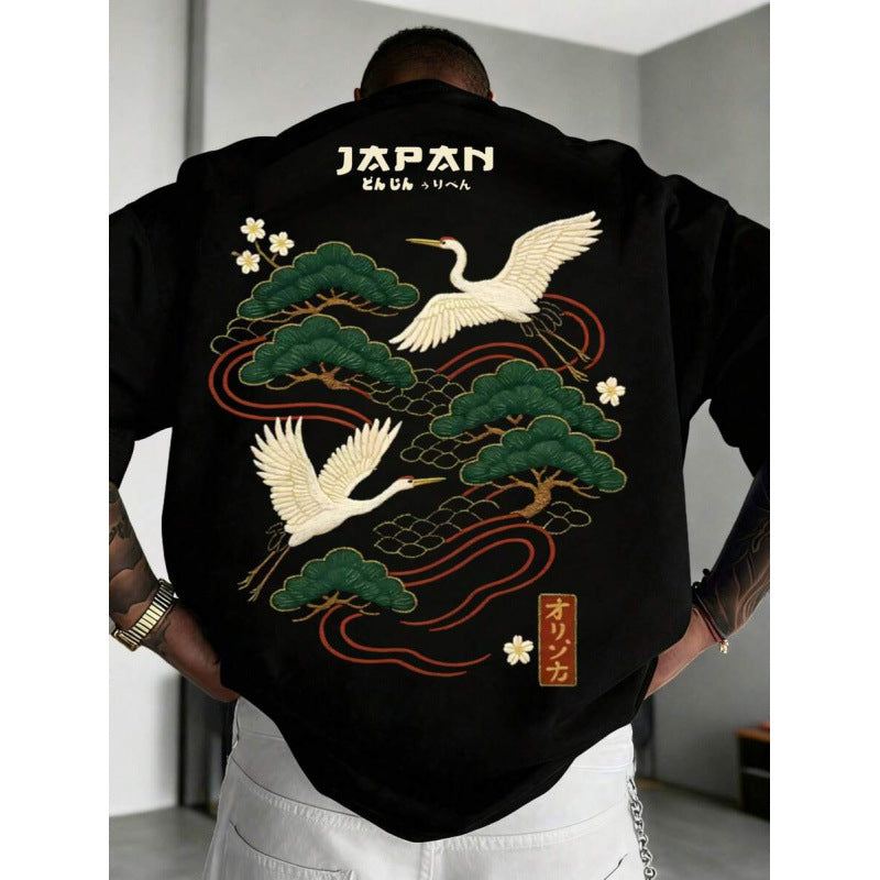 Casual Versatile Japanese Crane Print Top
