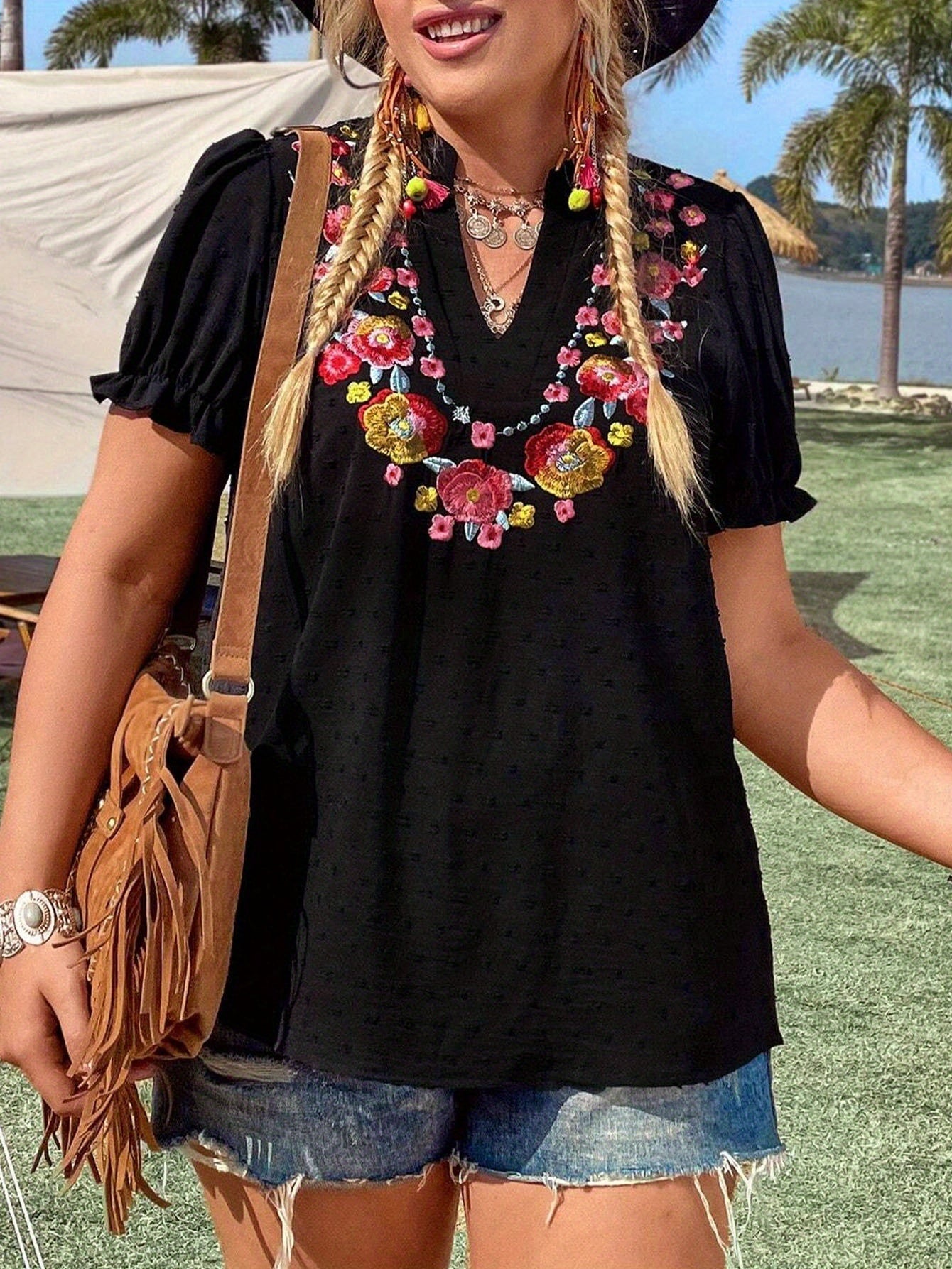 Floral Embroidery Summer Casual Short Sleeve V-Neck BEUPFORLIFE.com