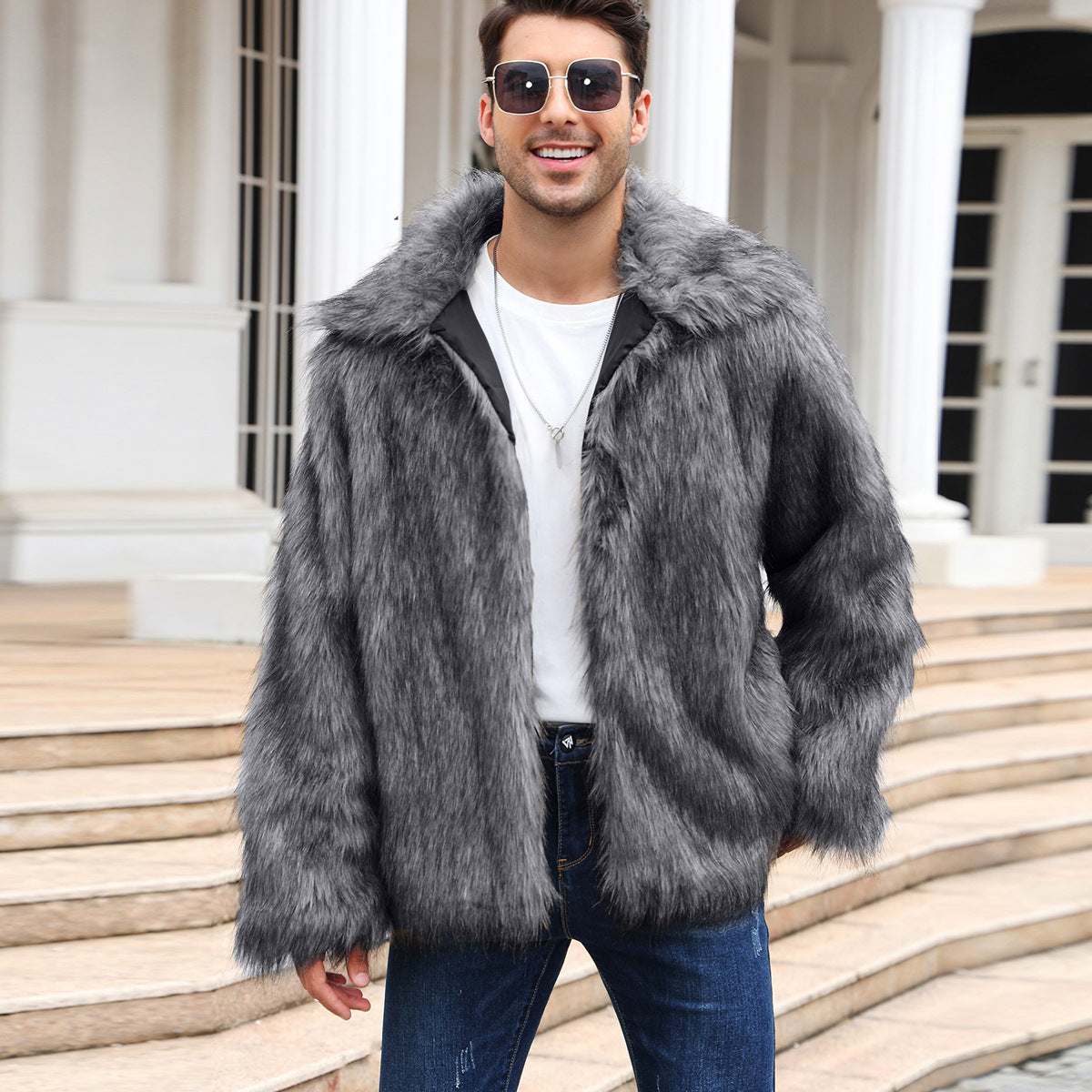 Men's Lapel Warm Faux Fur OverCoat Be Up For Life