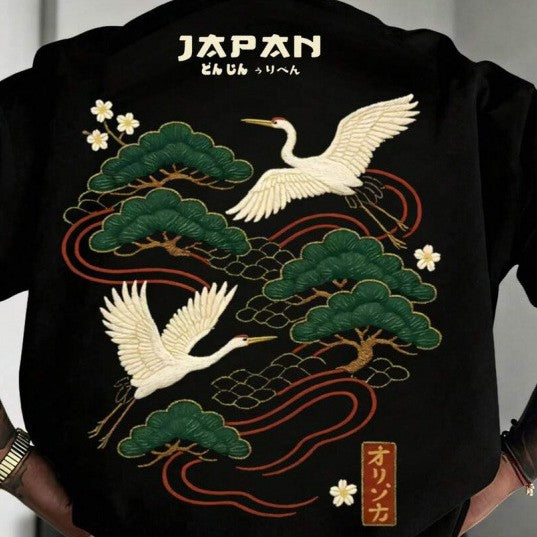Casual Versatile Japanese Crane Print Top
