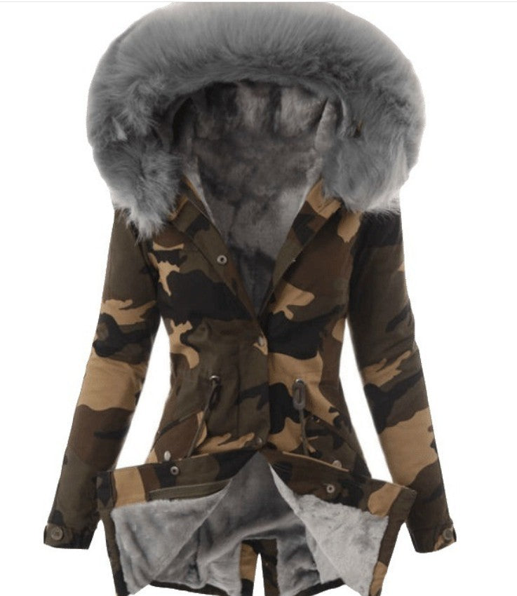 Ladies Explosion Style Fur Collar Drawstring Camouflage Jacket beupforlife