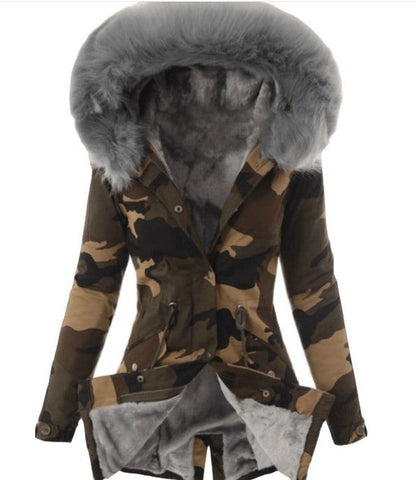 Ladies Explosion Style Fur Collar Drawstring Camouflage Jacket beupforlife