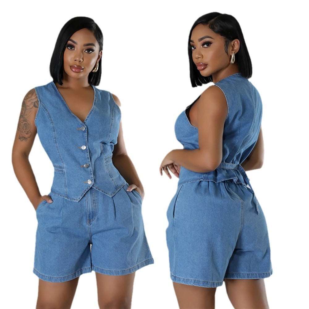 Casual Sleeveless High Waist Women's Denim Shorts Suit