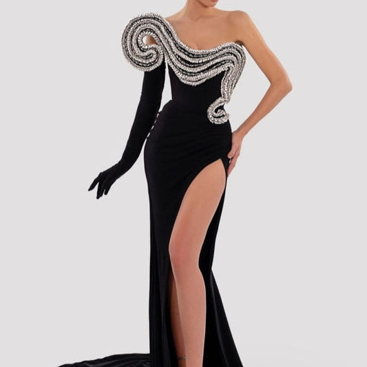 Rhinestone Design Split Shoulder Sleeveless Black Dress Be Up For Life