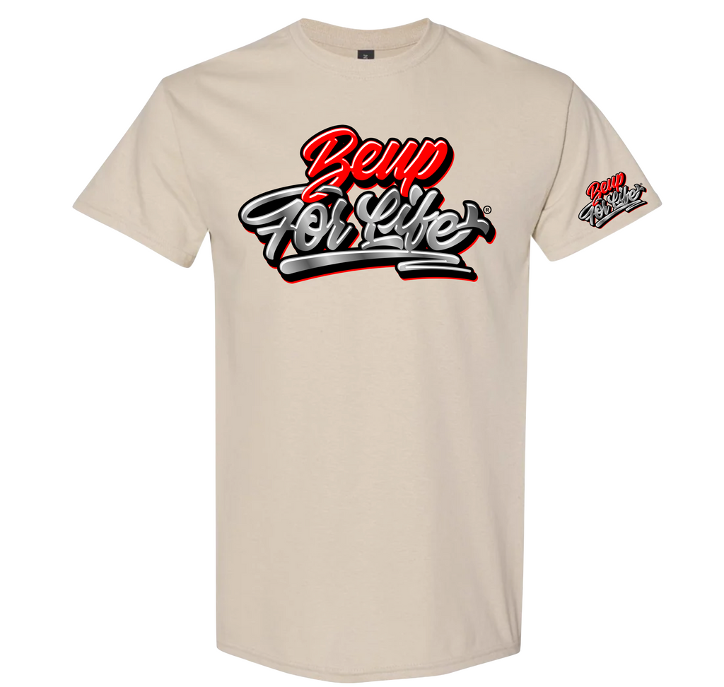 Beige BE UP FOR LIFE chrome graffiti unisex T-shirt with large chest logo and matching sleeve logo