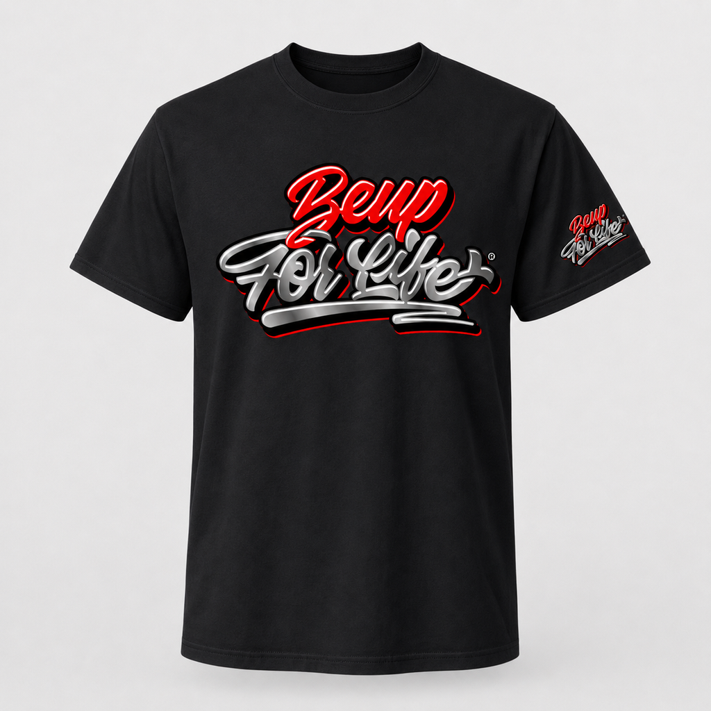 Black BE UP FOR LIFE chrome graffiti unisex T-shirt with large chest logo and matching sleeve logo
