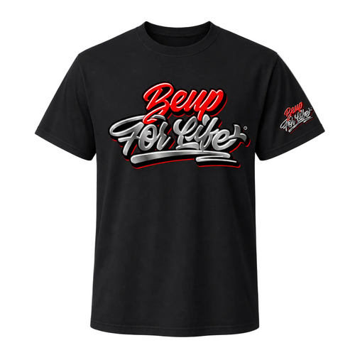 Black BE UP FOR LIFE chrome graffiti unisex T-shirt with large chest logo and matching sleeve logo