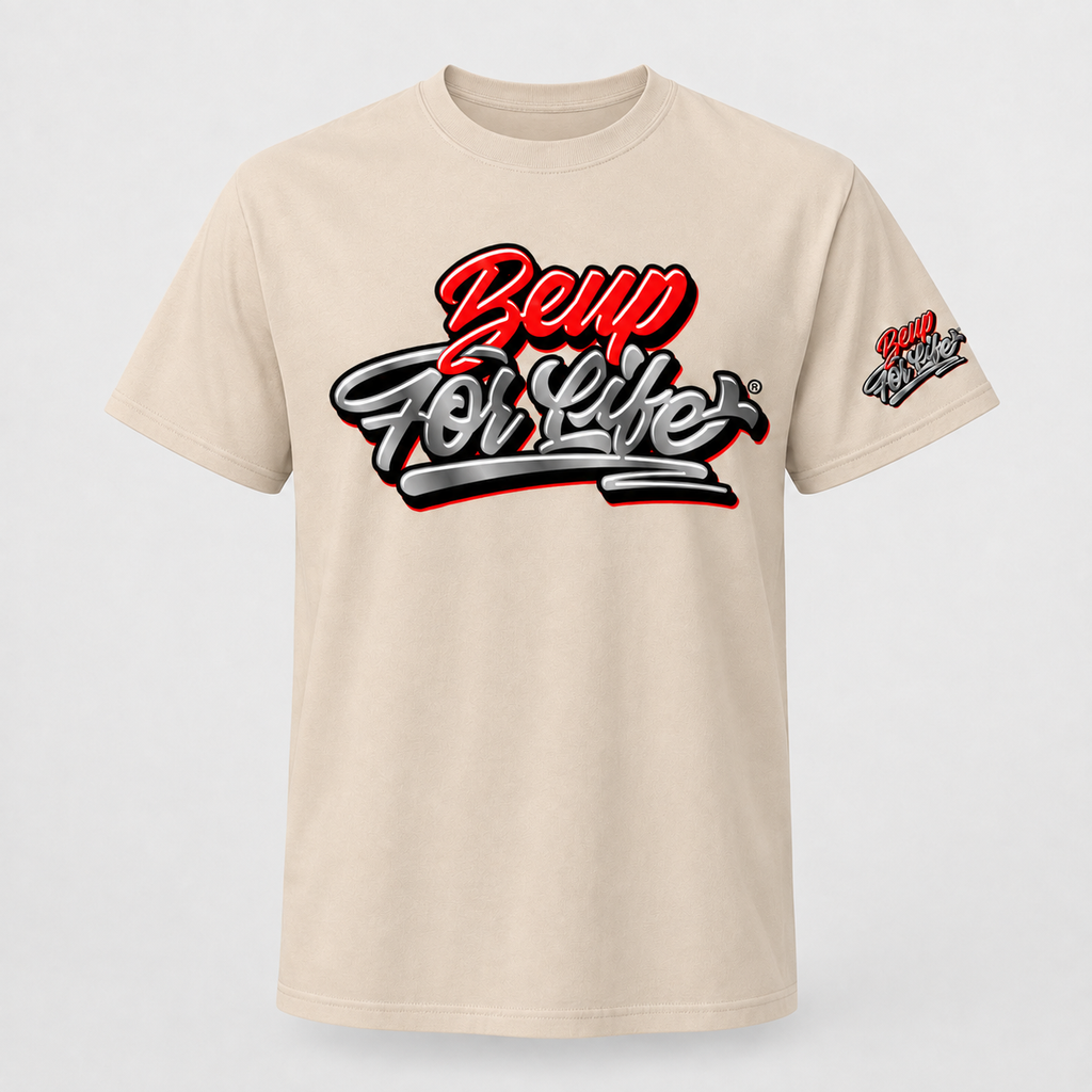 Cream BE UP FOR LIFE chrome graffiti unisex T-shirt with large chest logo and matching sleeve logo
