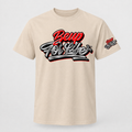 Cream BE UP FOR LIFE chrome graffiti unisex T-shirt with large chest logo and matching sleeve logo