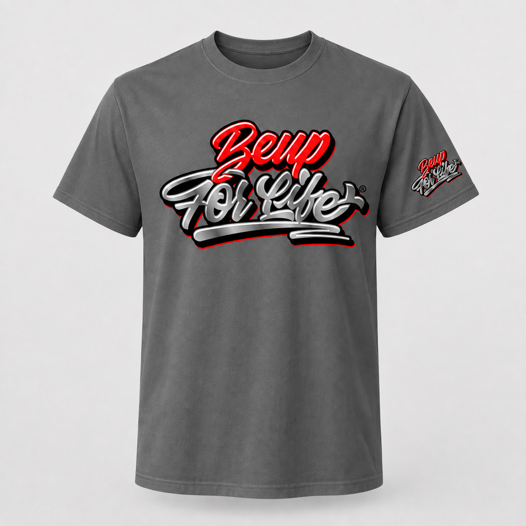 Dark gray BE UP FOR LIFE chrome graffiti unisex T-shirt with large chest logo and matching sleeve logo