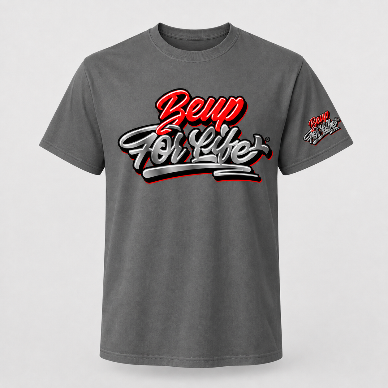 Dark gray BE UP FOR LIFE chrome graffiti unisex T-shirt with large chest logo and matching sleeve logo