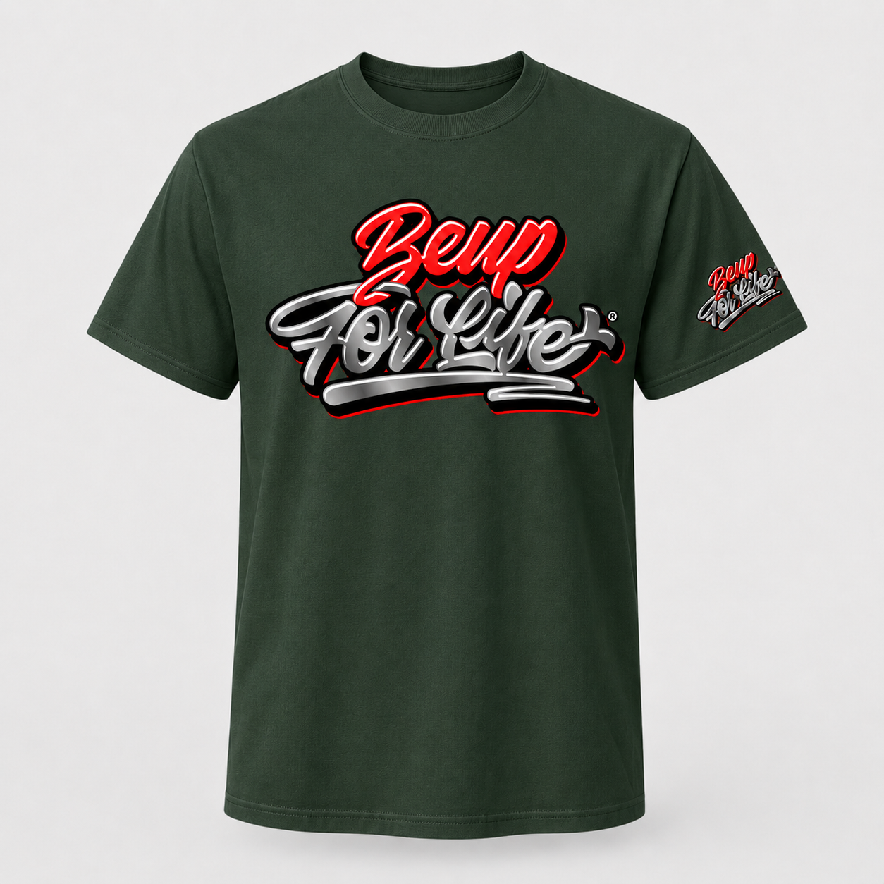 Green BE UP FOR LIFE chrome graffiti unisex T-shirt with large chest logo and matching sleeve logo
