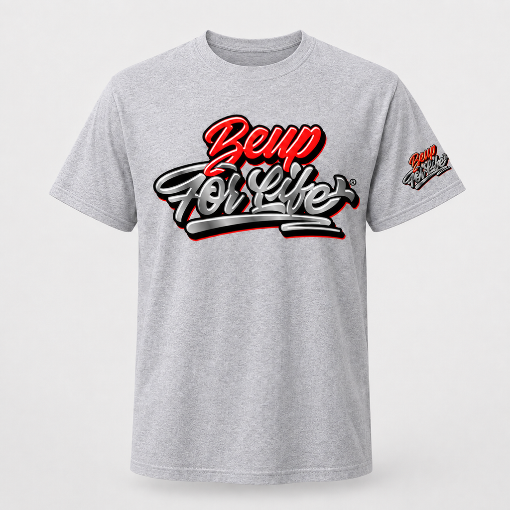 Light gray BE UP FOR LIFE chrome graffiti unisex T-shirt with large chest logo and matching sleeve logo