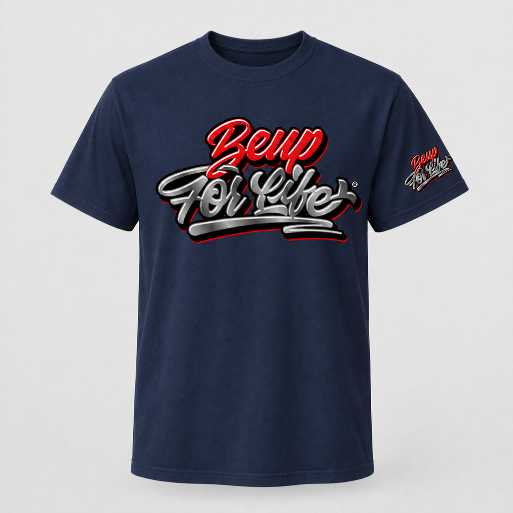 Navy BE UP FOR LIFE chrome graffiti unisex T-shirt with large chest logo and matching sleeve logo