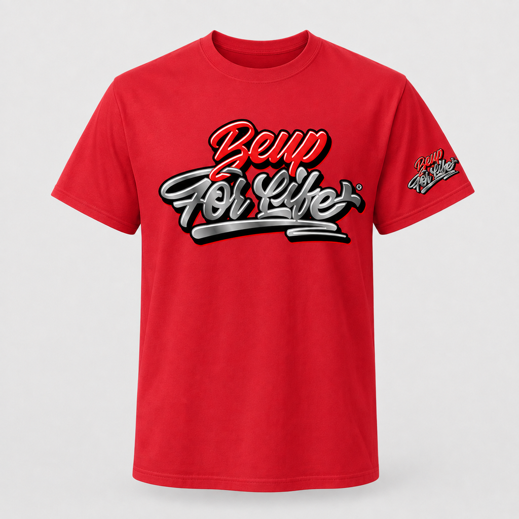 Red BE UP FOR LIFE chrome graffiti unisex T-shirt with large chest logo and matching sleeve logo