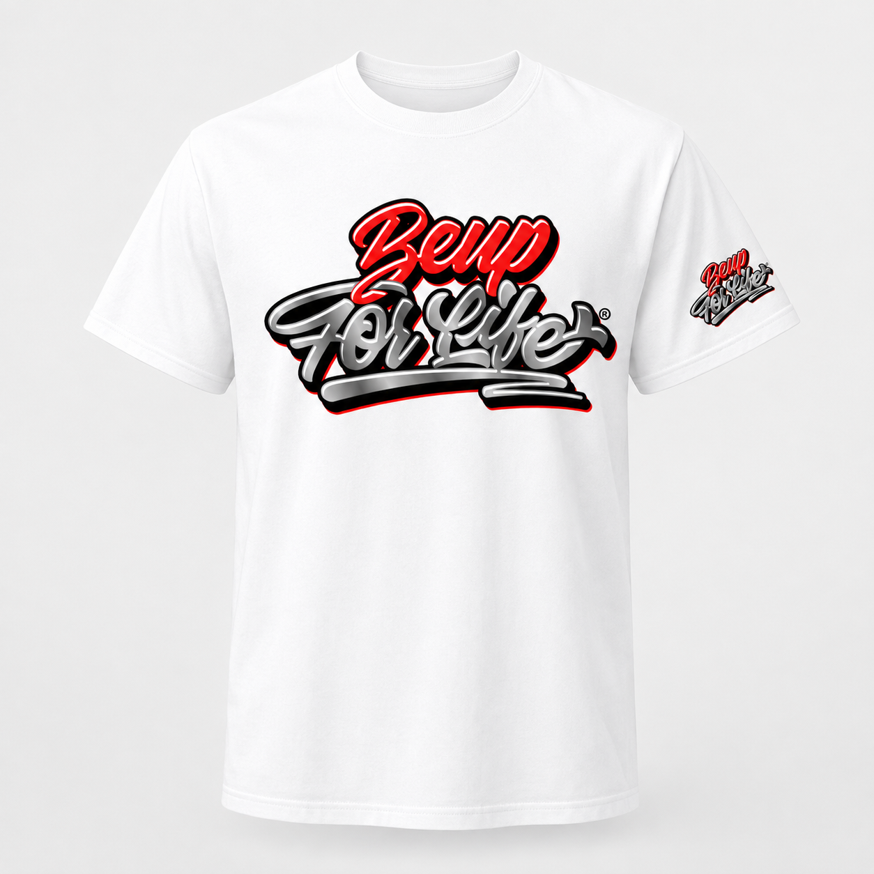 White BE UP FOR LIFE chrome graffiti unisex T-shirt with large chest logo and matching sleeve logo