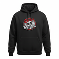 Black BE UP FOR LIFE hoodie with round chenille patch, front product view