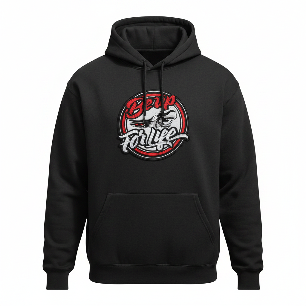 Black BE UP FOR LIFE hoodie with round chenille patch, front product view