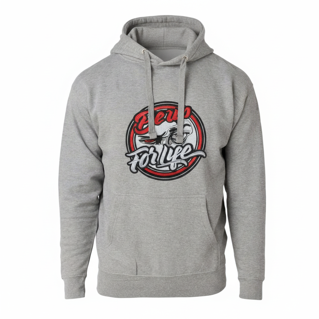 Gray BE UP FOR LIFE hoodie with round chenille patch, front view