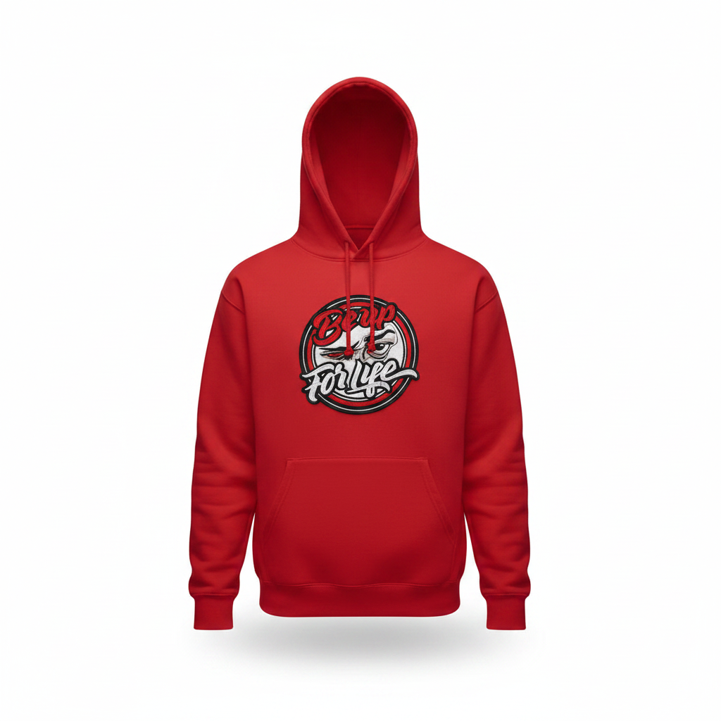 Red BE UP FOR LIFE hoodie with round chenille patch, front product view