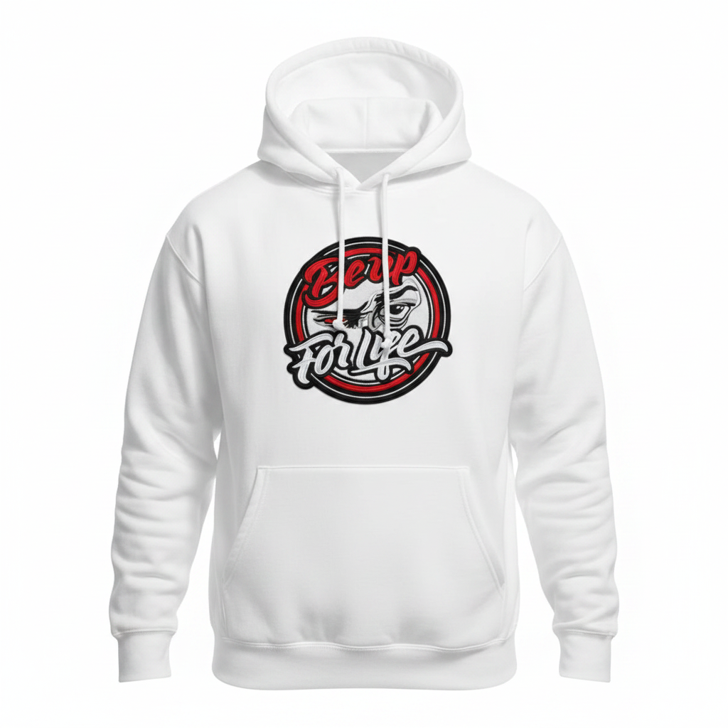 White BE UP FOR LIFE hoodie with round chenille patch, front view
