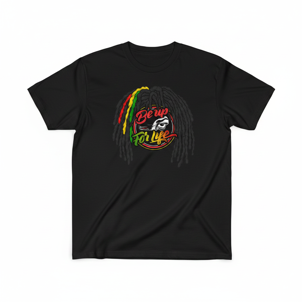 A black short-sleeve crewneck t-shirt featuring a graphic print of a person with dreadlocks and the text 'Be up for life' in red, yellow, and green, displayed on a clean white background.