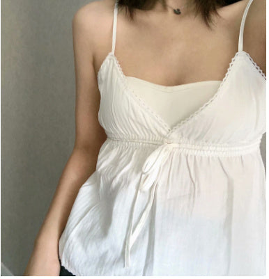 YL V-neck Lace Trim Tied Spaghetti-strap