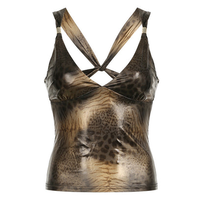 Glossy Leopard Backless Spaghetti-strap Camisole Top