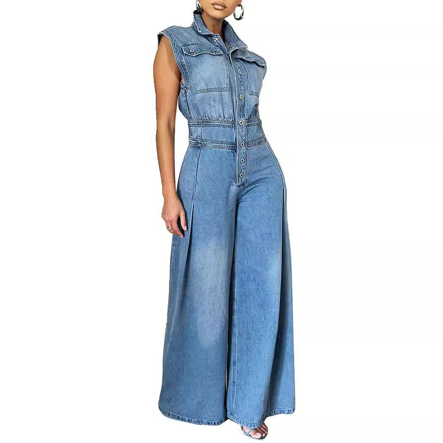 Washed-out Sleeveless Denim, One-piece Wide-leg jumpsuit - BEUPFORLIFE.com