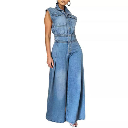 Washed-out Sleeveless Denim, One-piece Wide-leg jumpsuit - BEUPFORLIFE.com