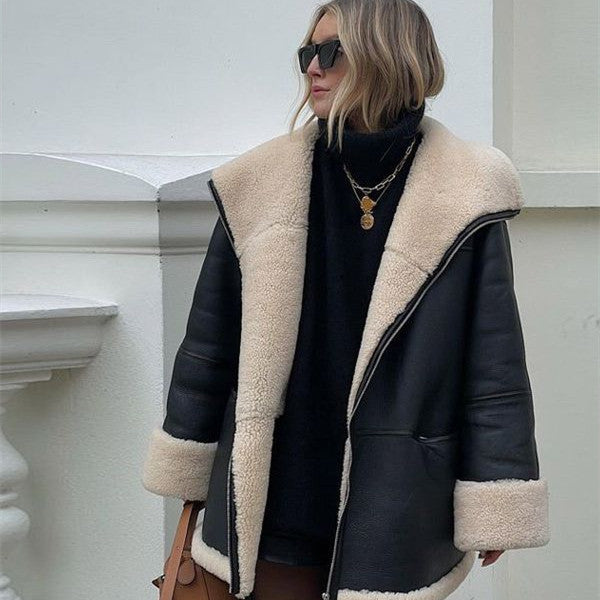 Cashmere Leather Fur Collar Leather Coat