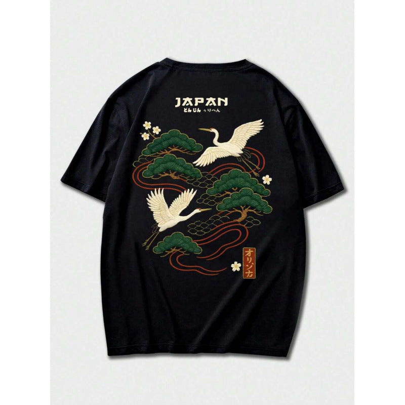 Casual Versatile Japanese Crane Print Top