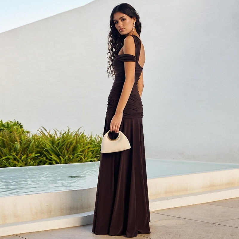 Cold-shoulder Bodycon Pleated Suspender Long Dress BEUPFORLIFE.com