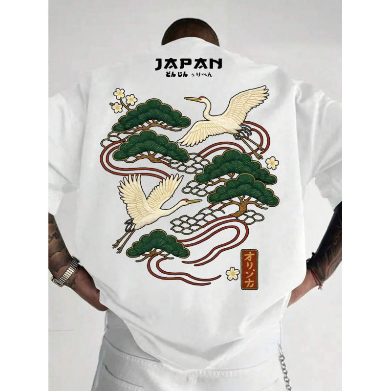 Casual Versatile Japanese Crane Print Top