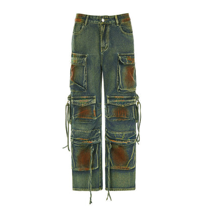 Retro Color Blooming Multi-pocket Loose Cargo Denim Trousers BEUPFORLIFE.com