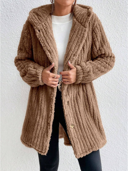 Button Front Hooded Teddy Coat BEUPFORLIFE.com