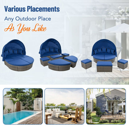 Outdoor Rattan Daybed/Sun bed w/ Retractable Canopy Wicker Furniture, Round Outdoor Sectional BEUPFORLIFE.com
