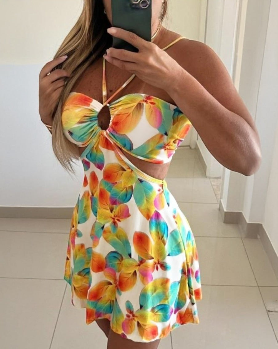 Printed Off-shoulder Halter Hollow Dress