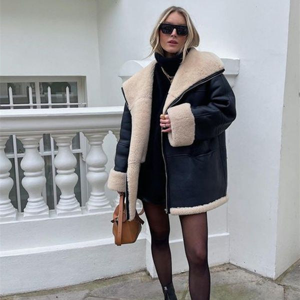 Cashmere Leather Fur Collar Leather Coat