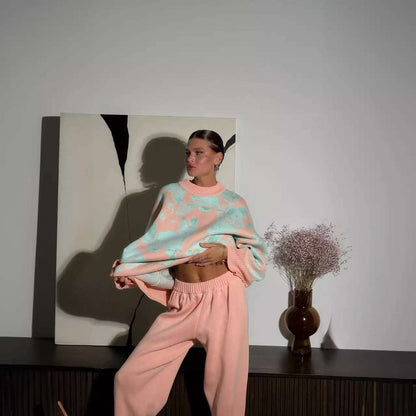 Contrast Color Sweater Straight-leg Trousers Two-piece Inner Wear