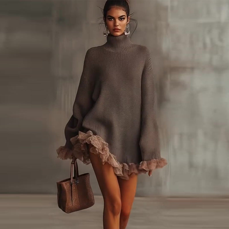 Knitted High-neck Ruffled Long-sleeve Gray Sweater Be Up For Life