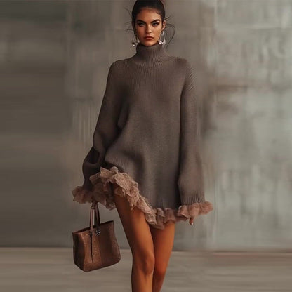 Knitted High-neck Ruffled Long-sleeve Gray Sweater Be Up For Life